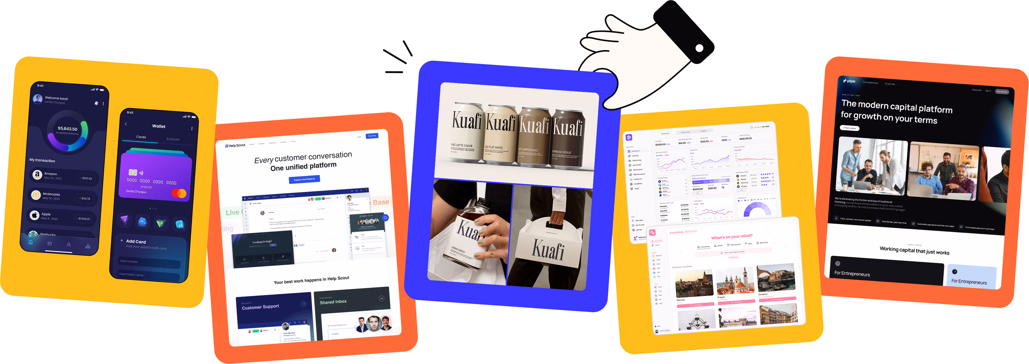 Collage of digital design layouts including banking app screens, analytics dashboard, Haus branded packaging, cryptocurrency icons with a Bitcoin slot machine, and mobile wallet interfaces.